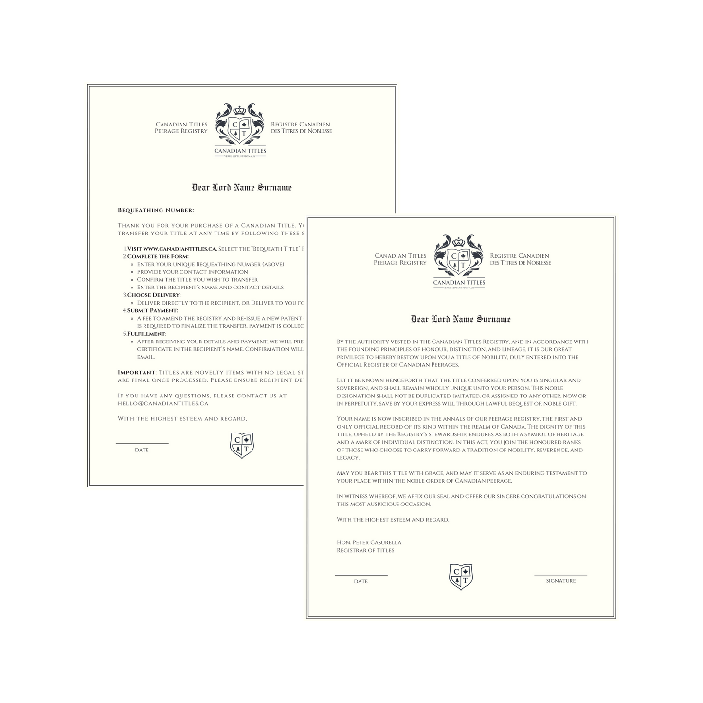 Two formal letters from Canadian Titles, the Bequeathing and Peerage Registry, with a shield logo on the bottom and a white background.