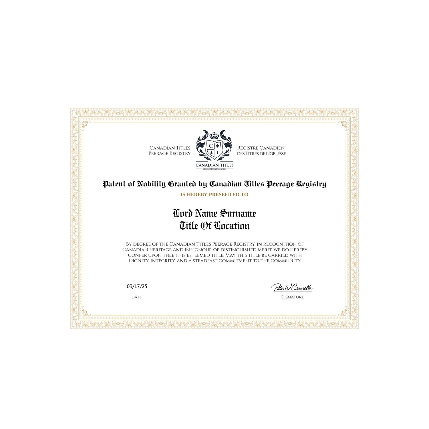 Canadian Titles Lord Certificate from the Canadian Titles Peerage Registry, gold border on a white background