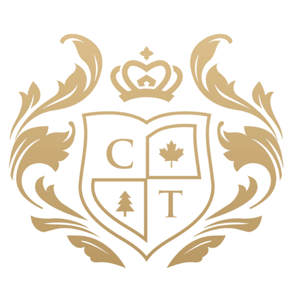 Gold emblem with 'C T' initials, a maple leaf, and a tree, surrounded by decorative elements on a white background.