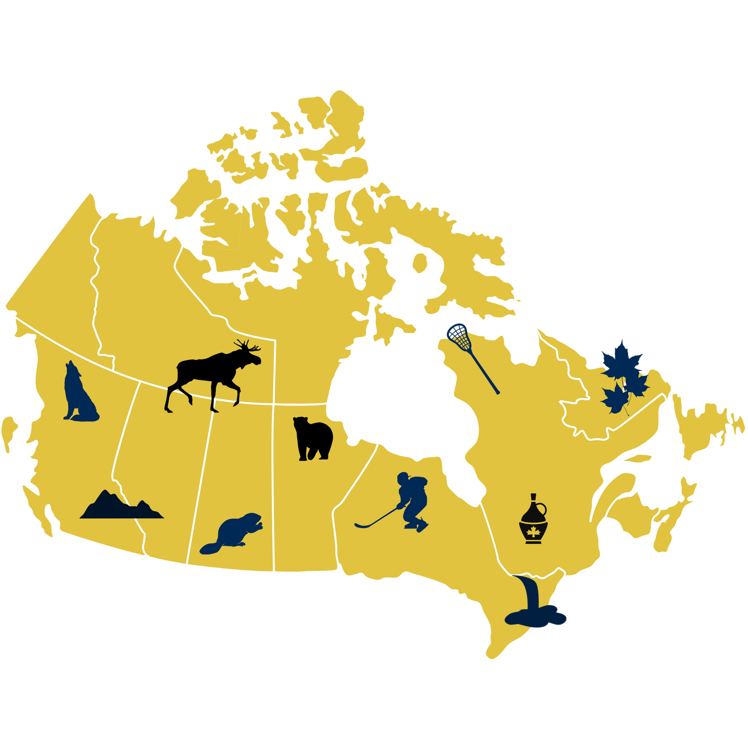 Map of Canada with animal icons and a lacrosse stick.