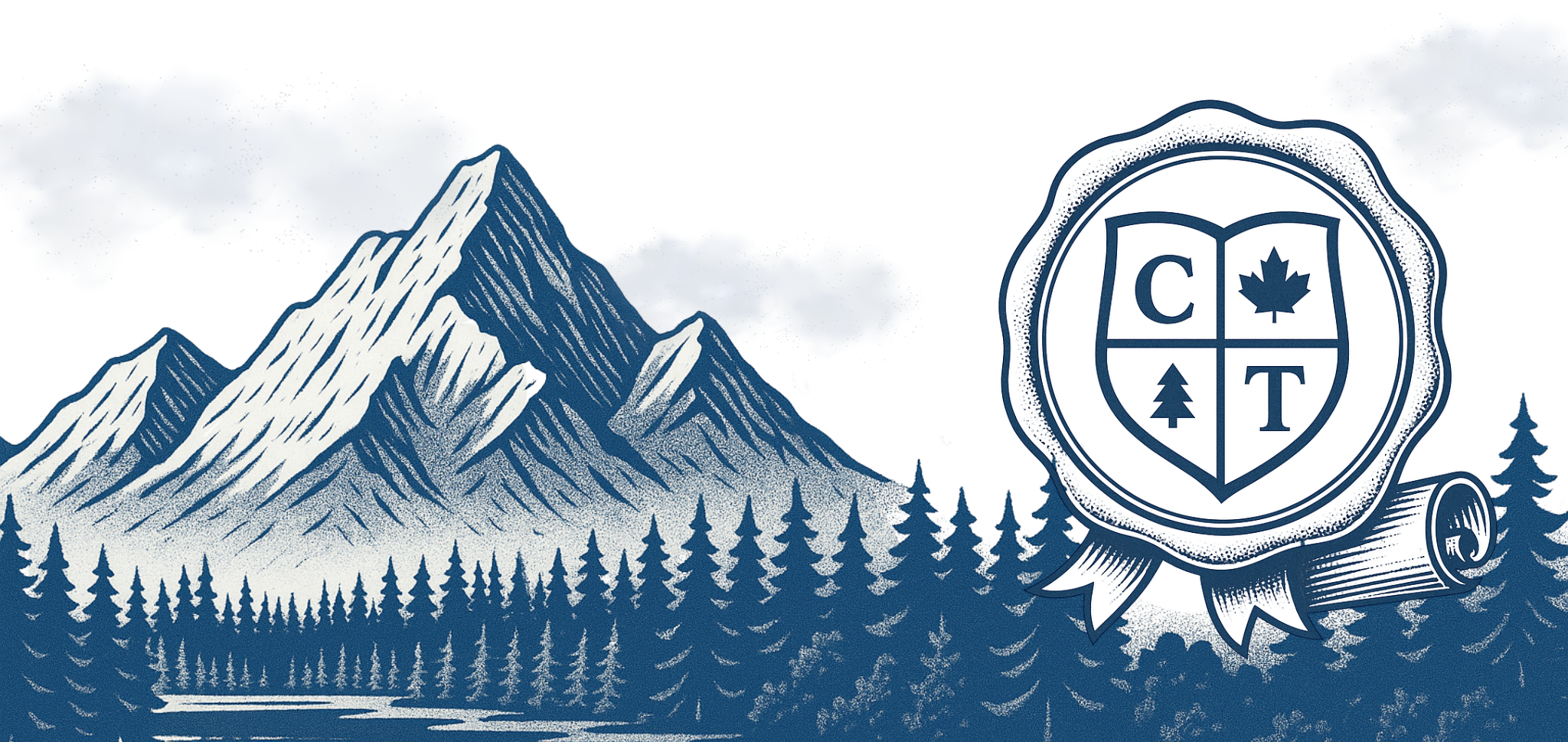 Intricate navy blue and white illustration of mountains, trees, and a Canadian Titles crest with a 'C' and 'T' inside it on an embossed seal