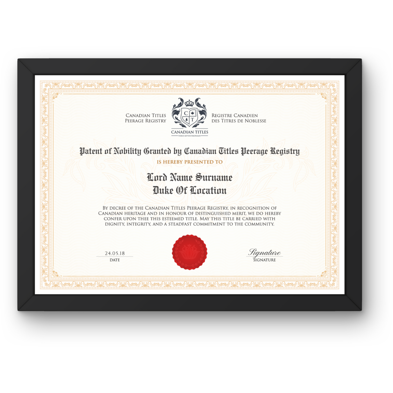 Framed patent of nobility document Lordship certificate from Canadian Titles with red seal on white background