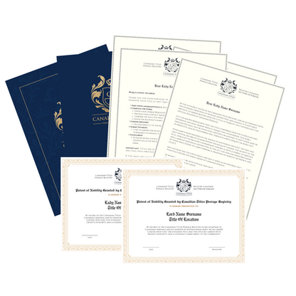 Set of formal Canadian Titles Lord and Lady couples package documents with a blue cover and printed text on a white background