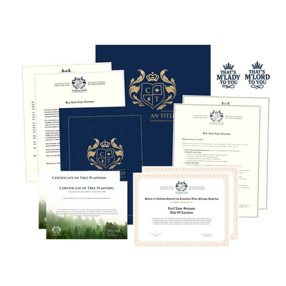 The Canadian Titles couple product package, with formal documents, tree certificate, stickers, and blue cover on a white background.