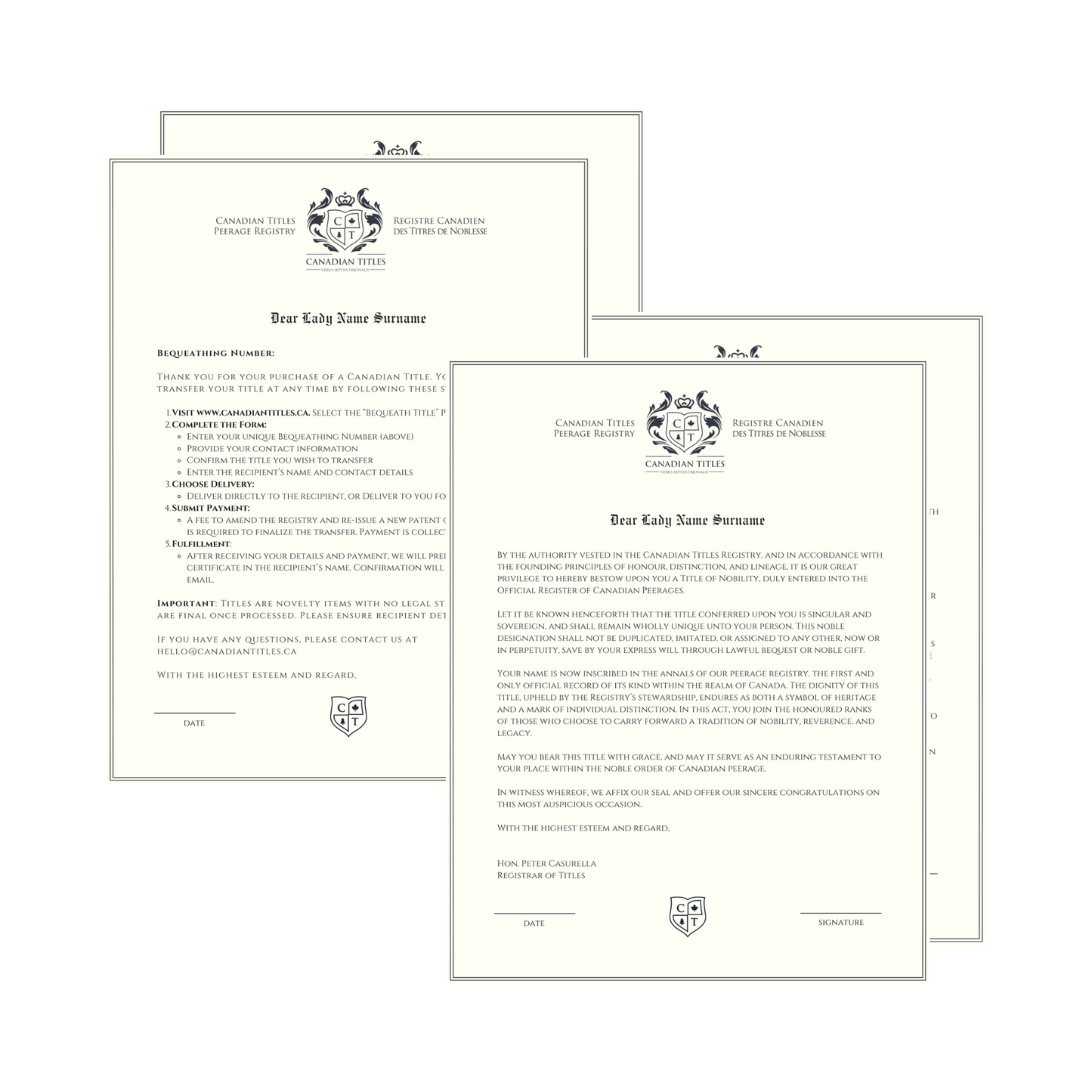 Canadian Titles Bequeathing and Title Registration documents on a white background