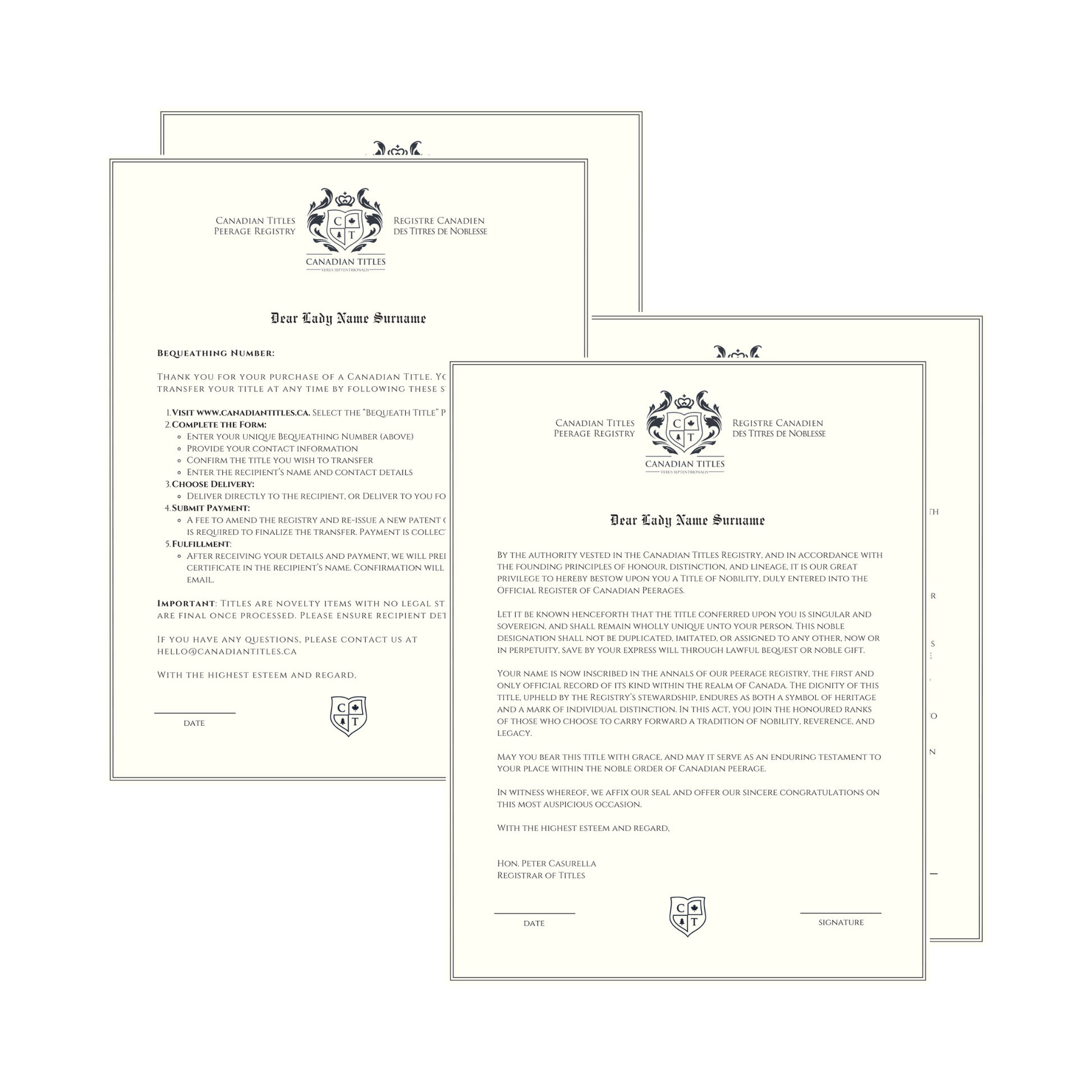 Canadian Titles Bequeathing and Title Registration documents on a white background