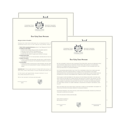 Canadian Titles Bequeathing and Title Registration documents on a white background