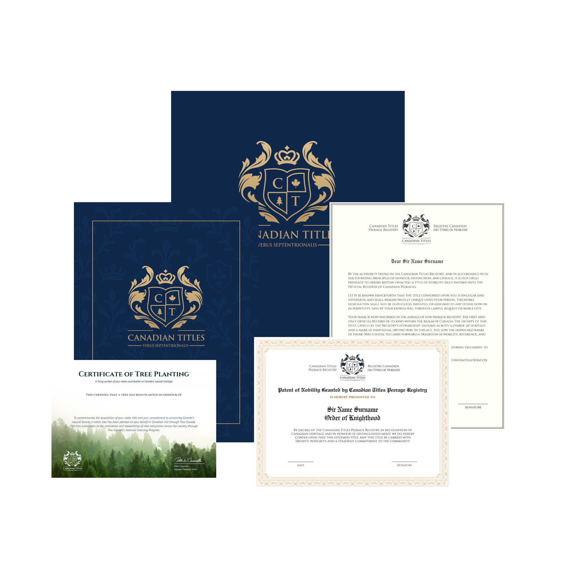 Collection of Nighthood certificates and documents from Canadian Titles on a white background