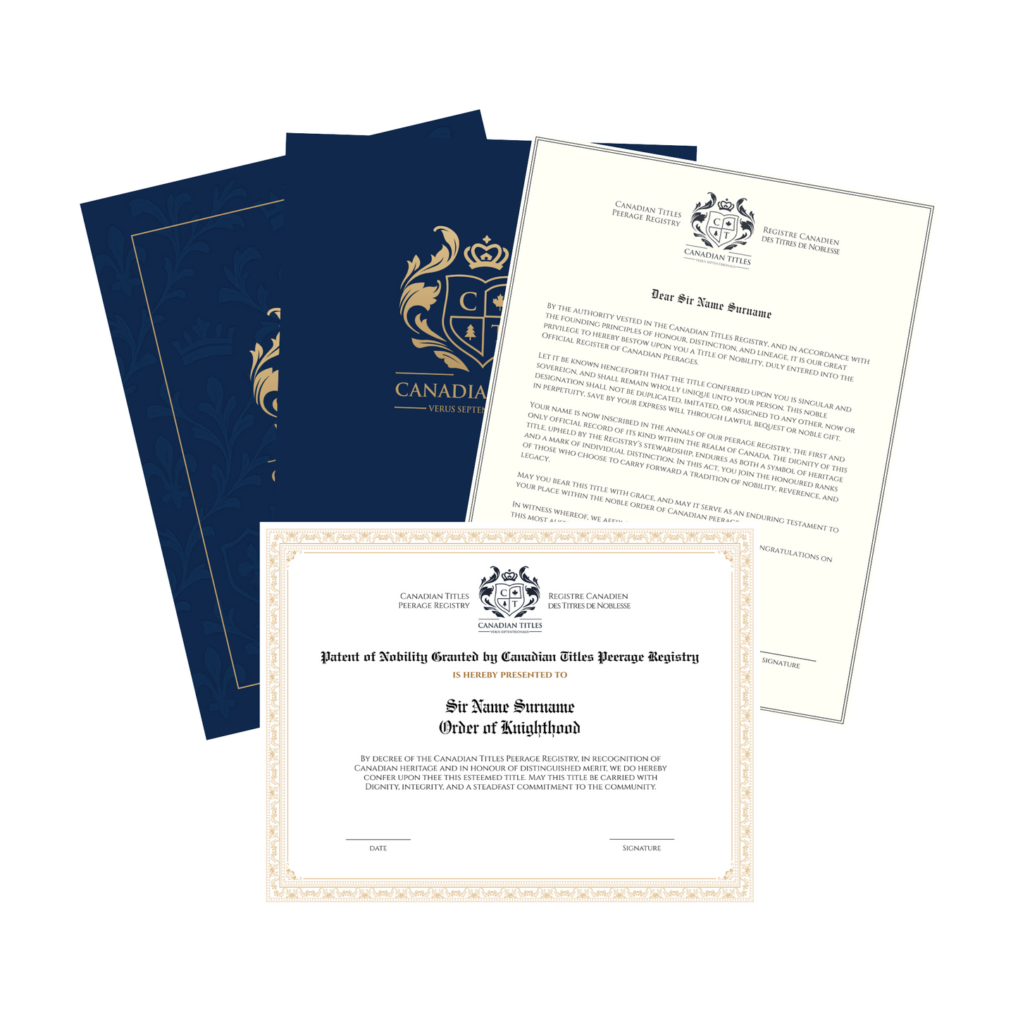 Canadian Titles Order of Knights document with blue cover and white certificate on a white background