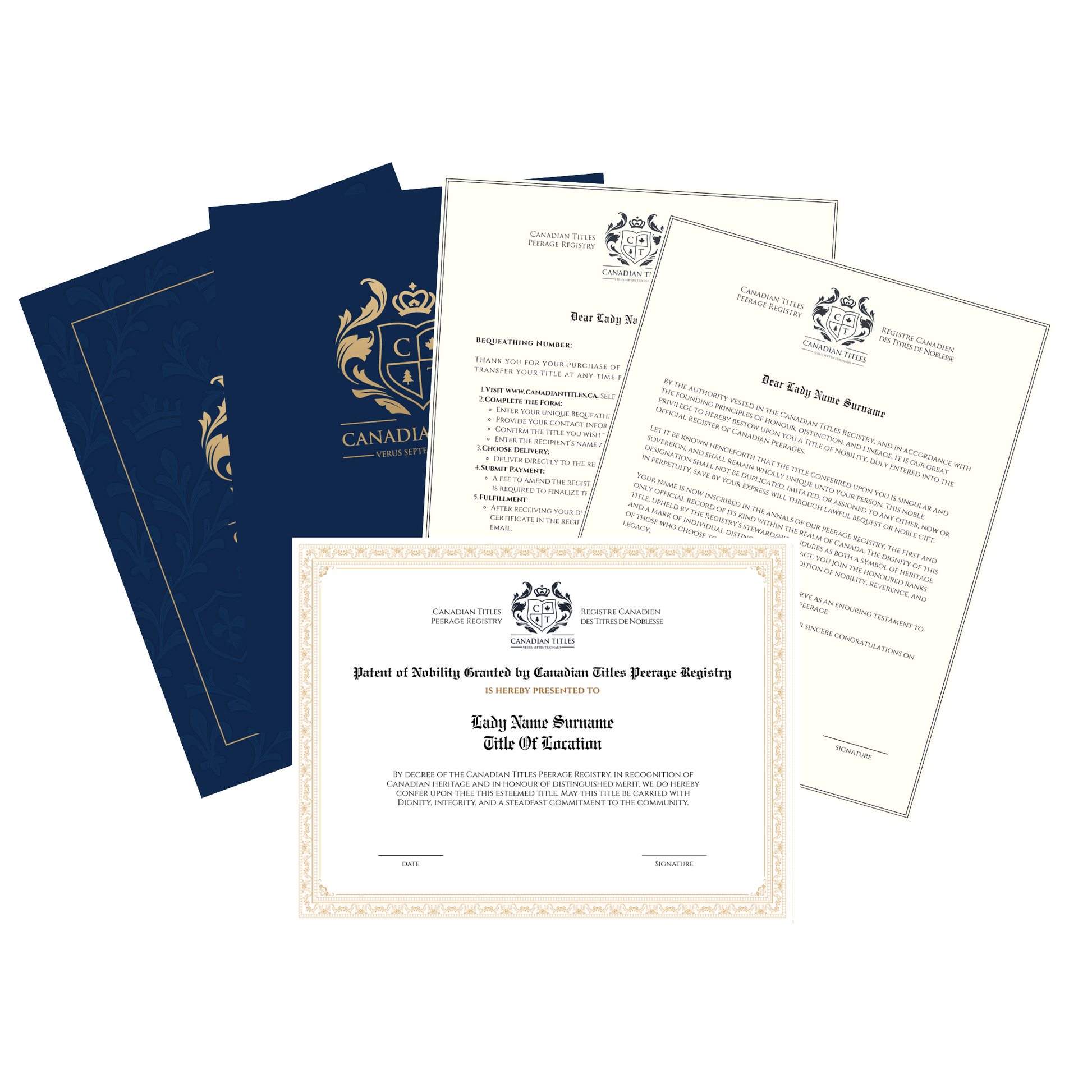 Set of Canadian Title documents for a ladyship, including a certificate, peerage registration, bequeathing information, and a blue cover and white pages on a white background