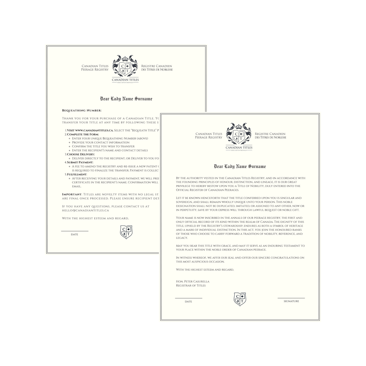 Two formal letters from Canadian Titles for bequeathing and Peerage registry with embossed seals on a white background