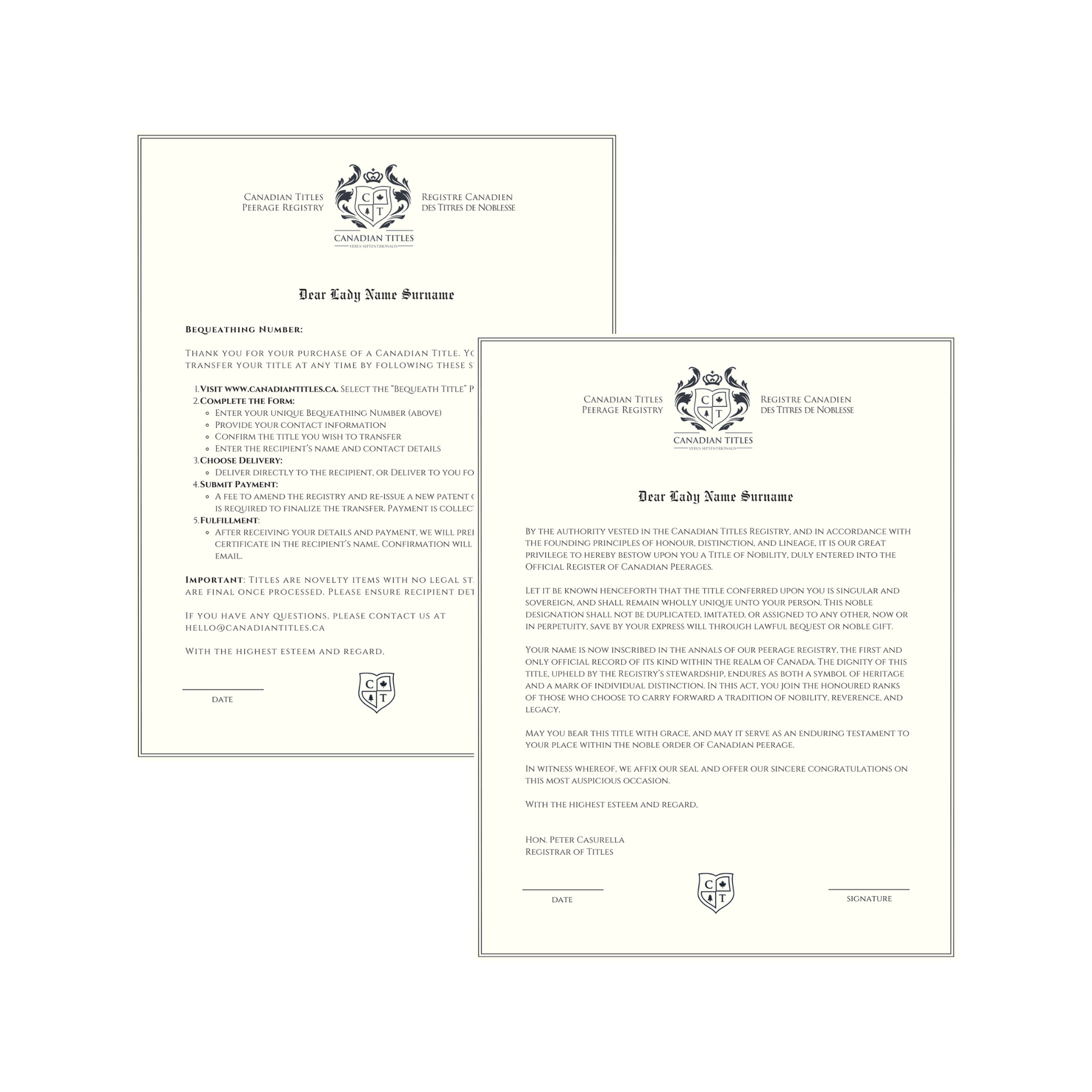 Two formal letters from Canadian Titles for bequeathing and Peerage registry with embossed seals on a white background