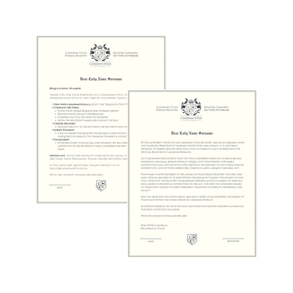 Two formal letters from Canadian Titles for bequeathing and Peerage registry with embossed seals on a white background