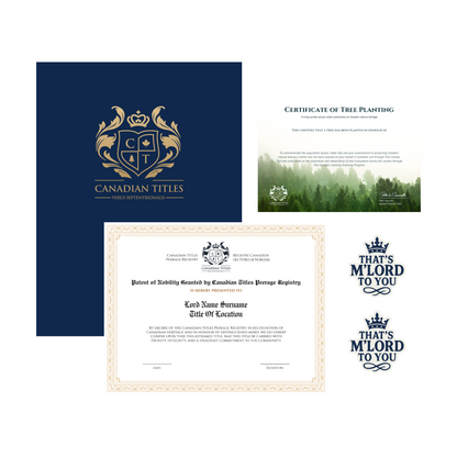 Collection of Canadian Titles documents for the Lordship Package, including stickers, tree planting certificate, patent of nobility certificate and blue cover