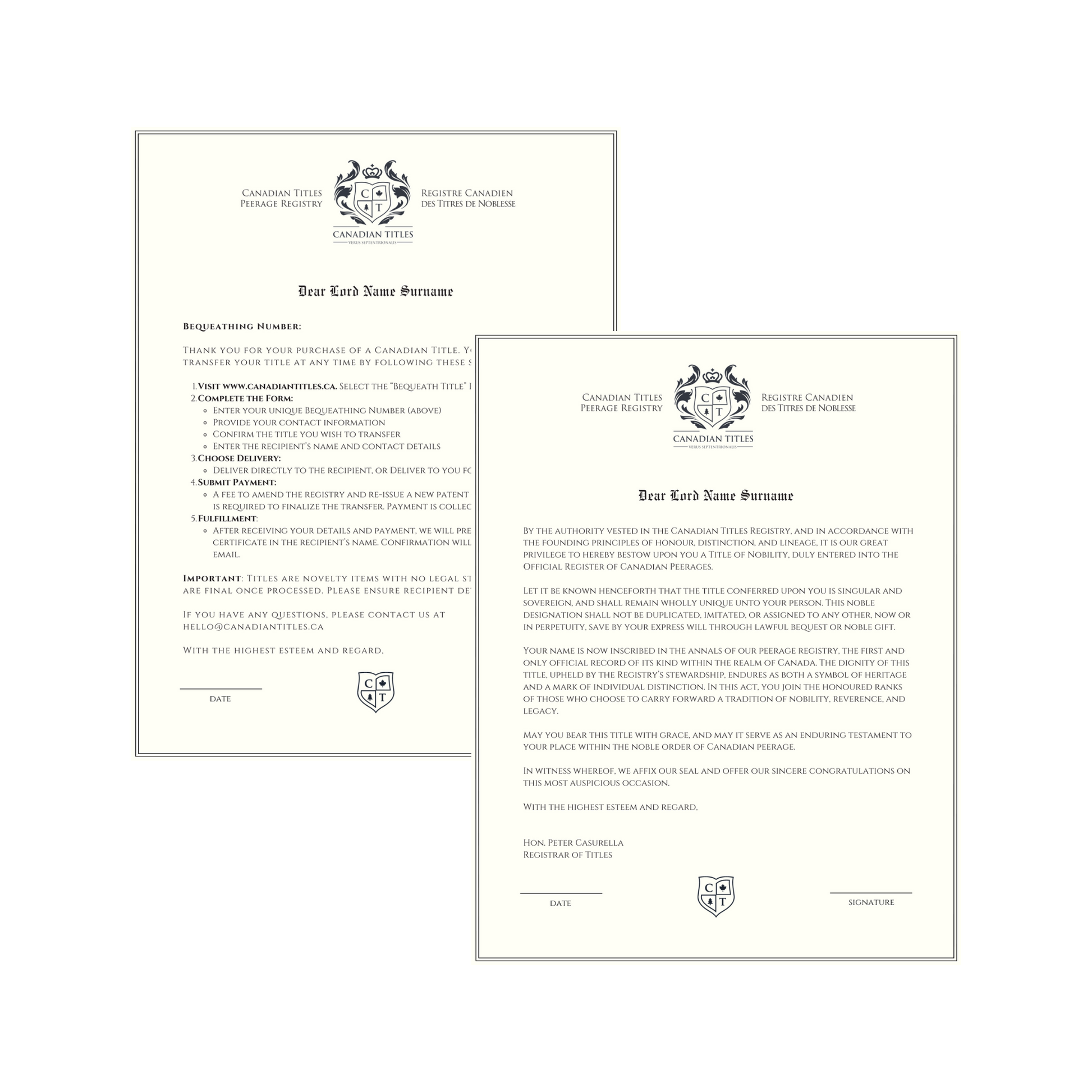 Two formal letters from Canadian Titles, the Bequeathing and Peerage Registry, with a shield logo on the bottom and a white background.