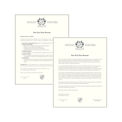 Two formal letters from Canadian Titles, the Bequeathing and Peerage Registry, with a shield logo on the bottom and a white background.